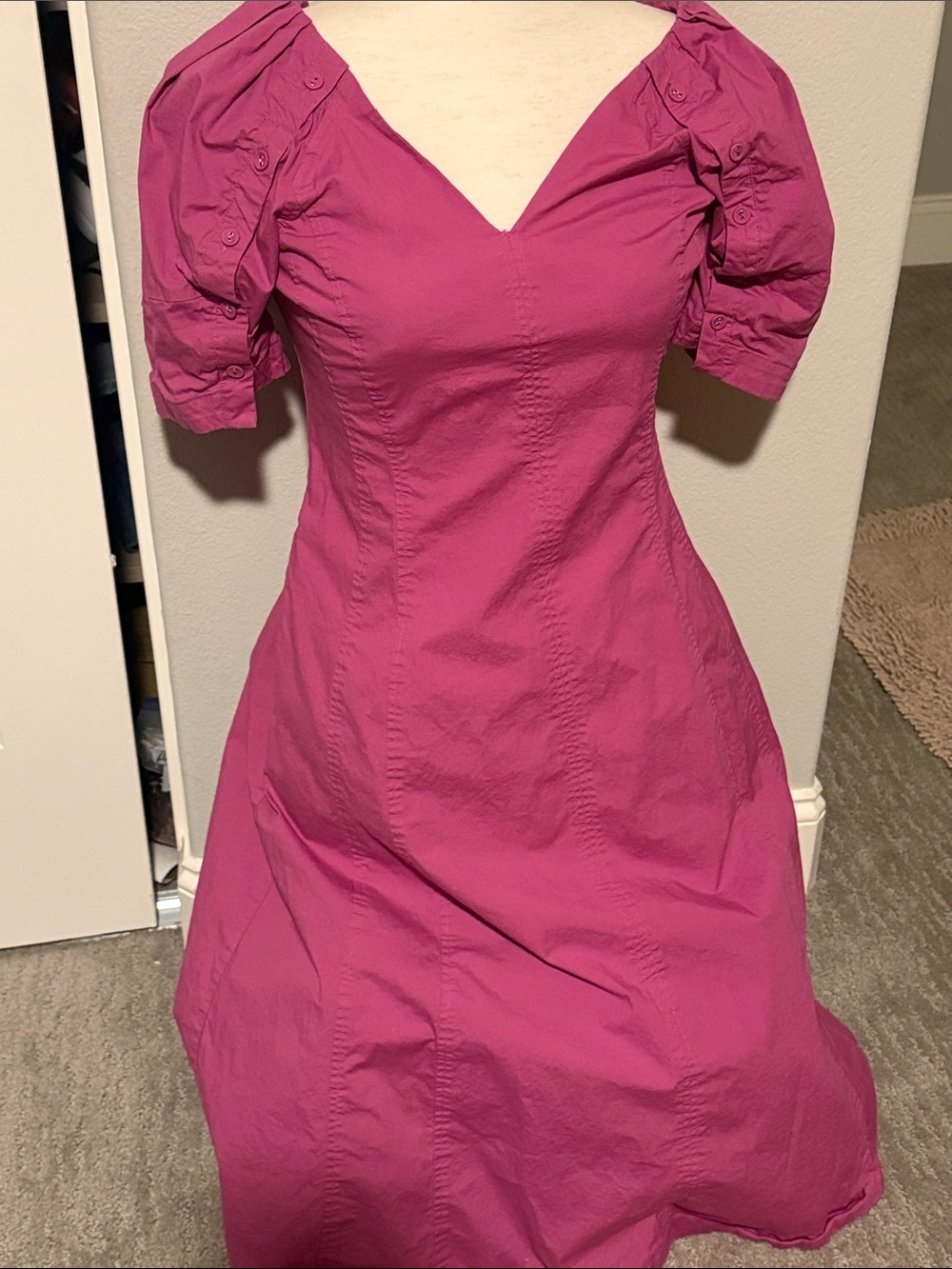 LOFT Fuchsia Puff-Sleeve Maxi Cotton Dress